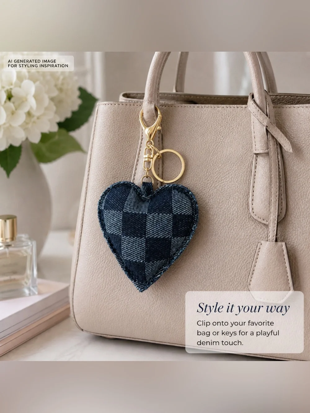 Denim Patchwork Heart Bag Charm Keychain Gold Tone